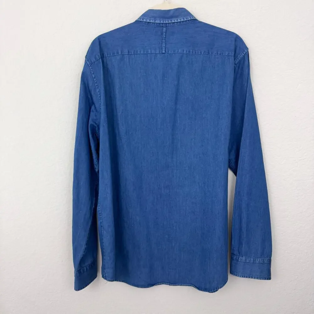 Banana Republic Men Grant Slim Fit Long Sleeve Chambray Shirt Size L Cotton Blue